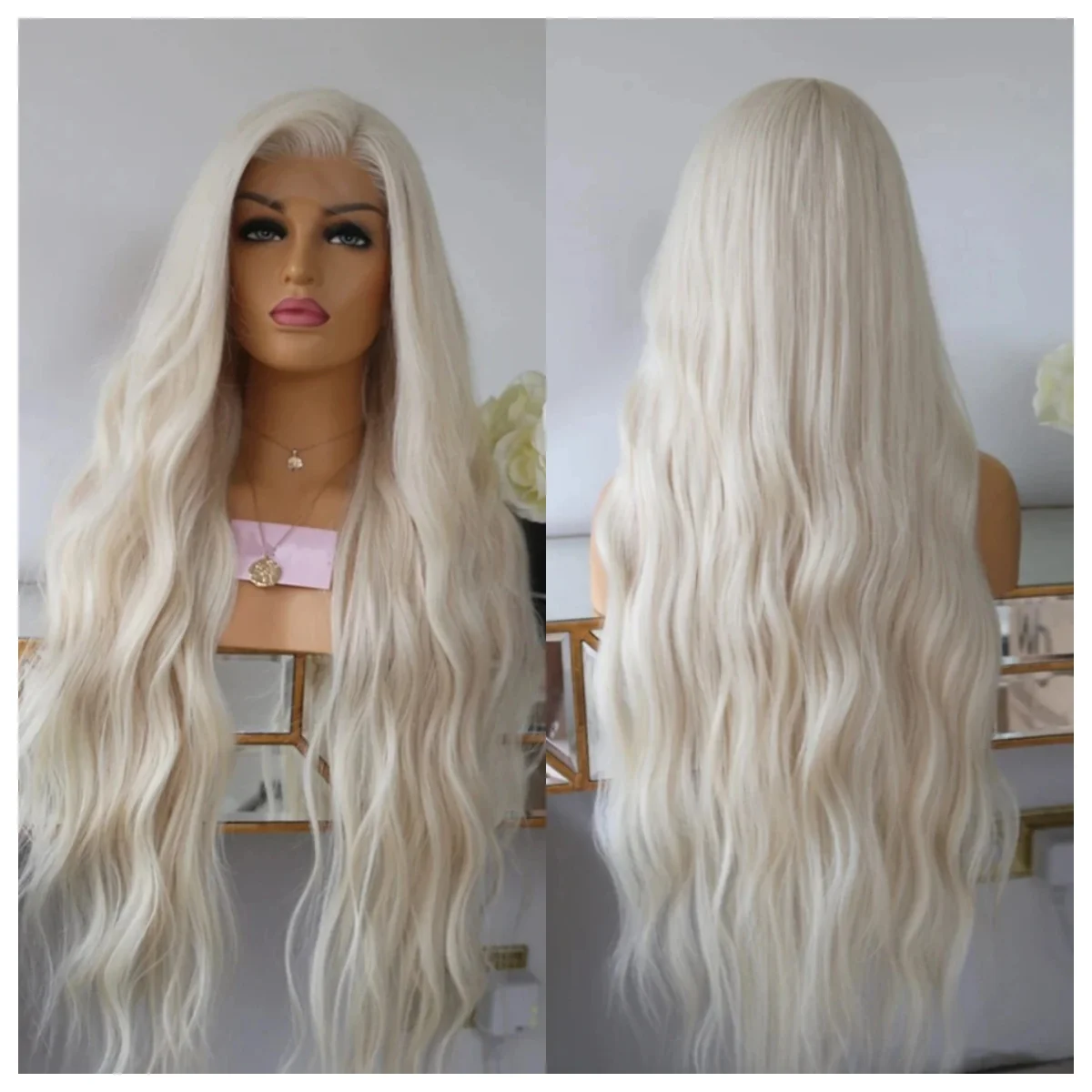 Wig Gelombang Pirang Platinum Wig Renda Depan Sintetis untuk Wanita Rambut Renda Gelombang Alami Panjang Wig Putih Hitam Merah Muda Cosplay Ikal Longgar