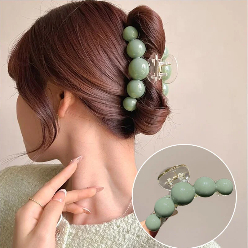 Korean Green Pearl Claw Clip Barrettes Large Curly Claw Clamp 2024 Fashion Women Shark Claw Crab Hair Accessories Headwear