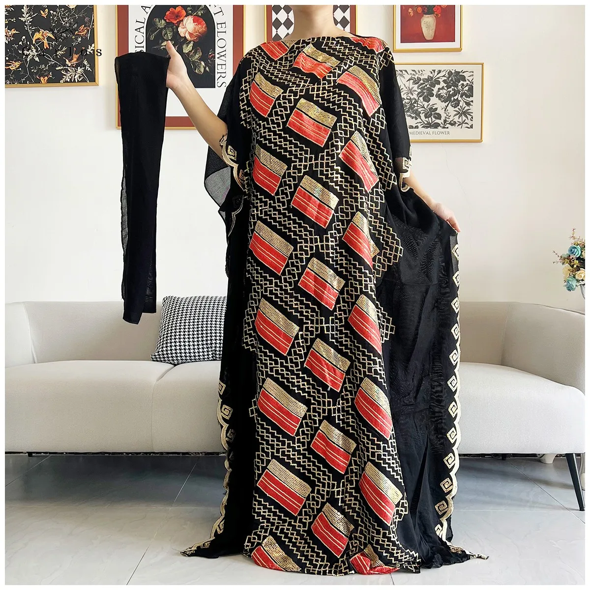 New Women Muslim Sequin Embroidery Long Black Lady Clothes Fashion New Arrival African Embroidery Flower Dresse With Scarf