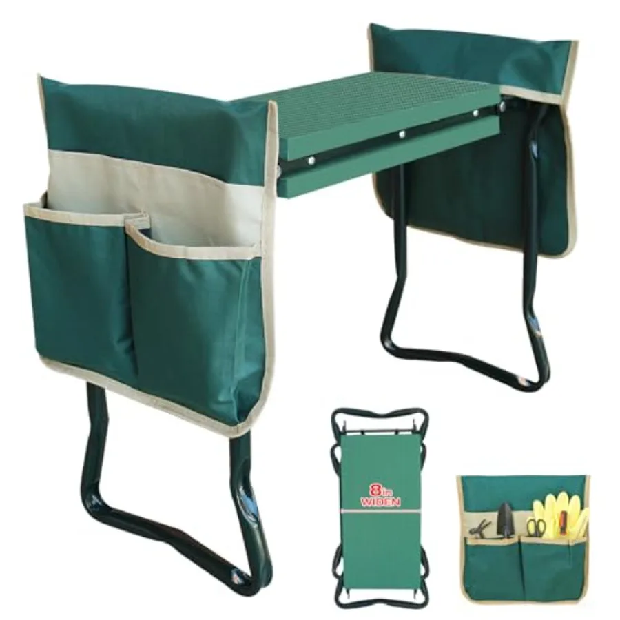 

Garden kneeler and seat for outdoor use, thickened widened soft foam pad, gray, heavy-duty foldable design with 2 tool pouches