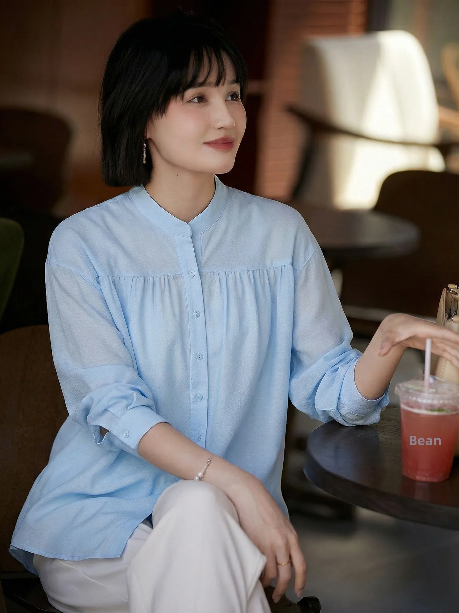 

Chivirin Acetate Fiber Long Sve Loose Fit Stand Collar Women's irt Versatile Sle Spring Collection UV Protection