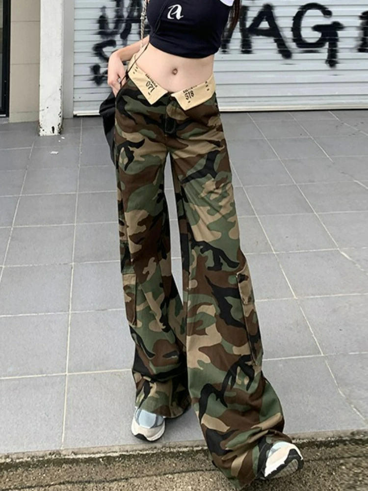 2025 Summer Cuffed Embroidered Jeans Women American High Waist Wide Leg Trousers Y2K Girl Loose Cargo Denim Pants