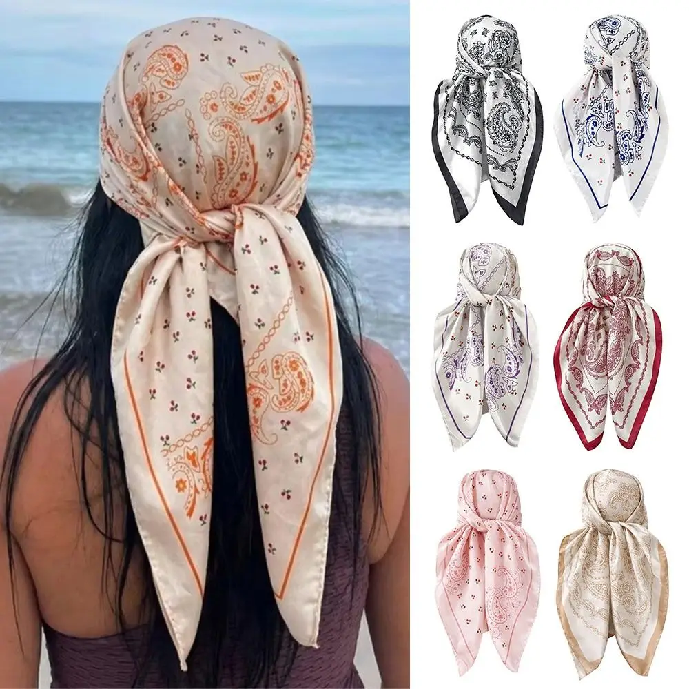 New 70/90cm Flower Head Scarf Satin Decorative Paisley Hijab Square Hijab Headband Hair Accessories