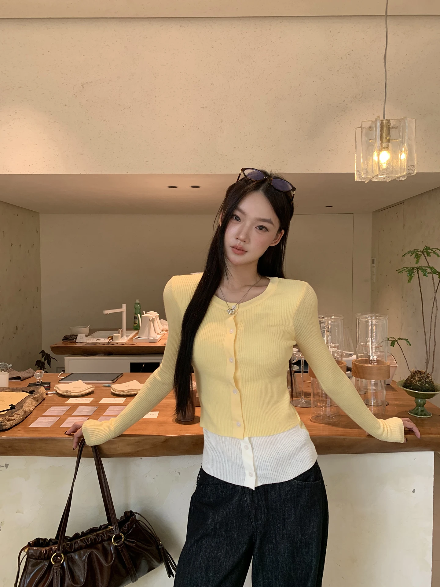 

Yellow Knitted Slim Fit Women's Cardigan Korean Sle Spring Outfit Aosphere Sense Fake Two-Piece Sweater Jaet G Sle