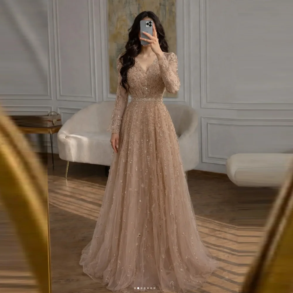 

Customized Saudi Arabic Luxury Nude A-Line Beaded Evening Dress Gown For Formal Occasion