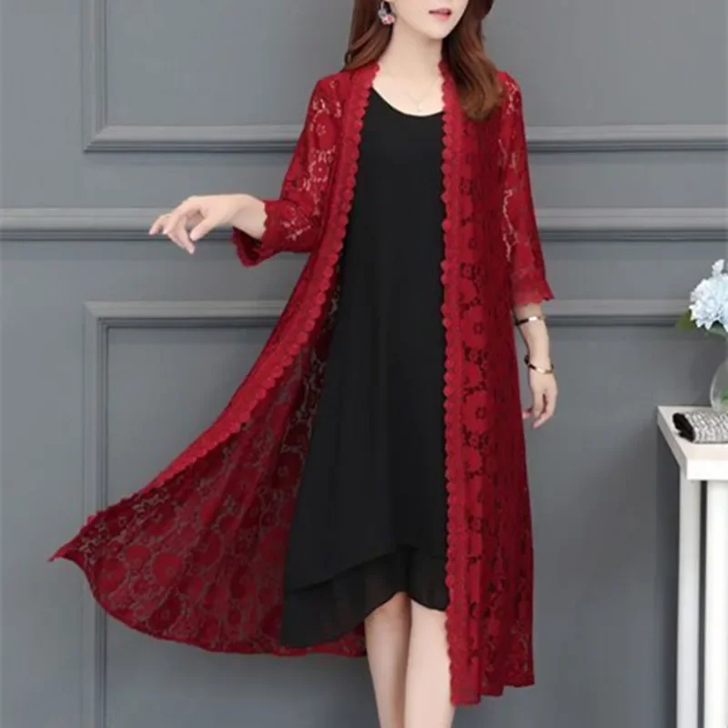 Women Lace Cardigan Mid-length Summer Mesh Shawl Loose Over-the-knee Sun Protection Clothing Women Jacket Shirt Outerwear