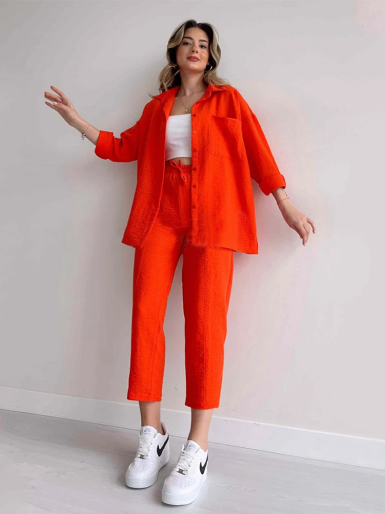 2023 Summer New Casual Fashion Two Piece Set Women Top and Pants Nine-pants and Shirts Female Suit Set of Pants and Blouse