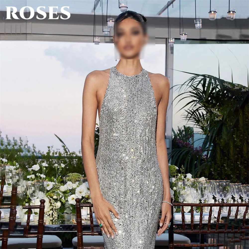 ROSES Sliver Prom Dresses Halter Neck Sexy Open Back Gala Dress with Glitter Sequins Saudi Arabic Evening Party Gown Customized