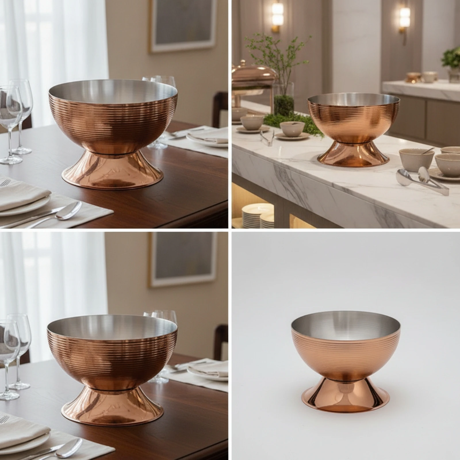 Rose-Gold Stainless Steel Pedestal Serving Bowl Reflective Ribbed Metal Sashimi Bowl for Home Entertaining, Catered Events