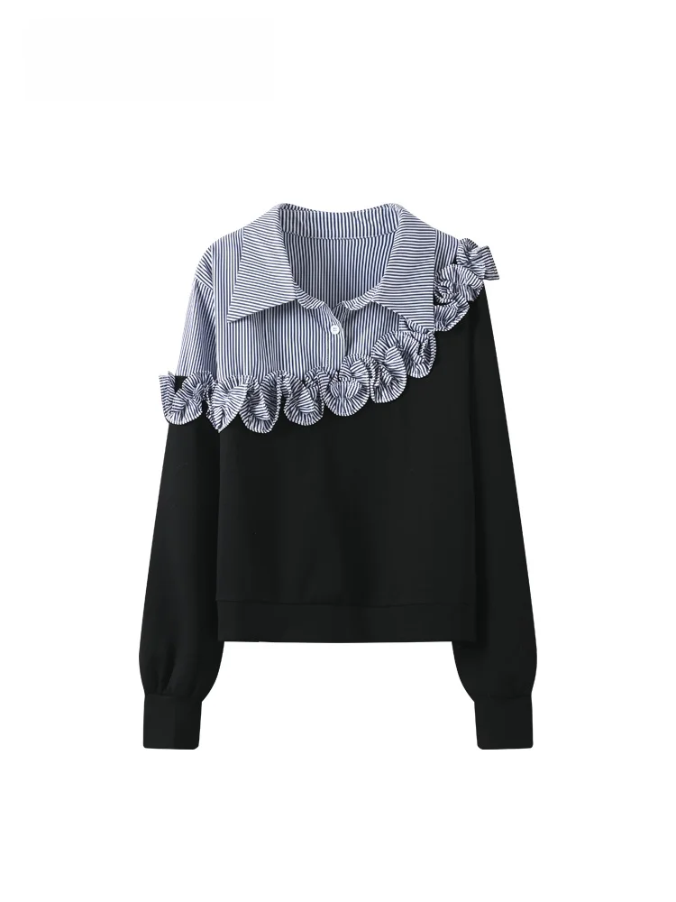 

plus Size Women's Ne irt Striped Casual Sle Autumn Winter Thiened Inner Wear Design Sense Fake Two-Piece Top