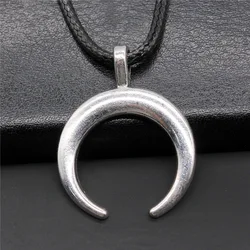 Retro Vintage Unisex 2 Colors 33x26mm Horns Crescent Moon Pendant Faux Black Leather Rope Chain Necklace