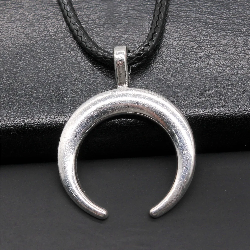 Retro Vintage unisex 2 kolory 33x26mm rogi półksiężyc wisiorek ze sztucznej czarnej skóry liny łańcuszek naszyjnik