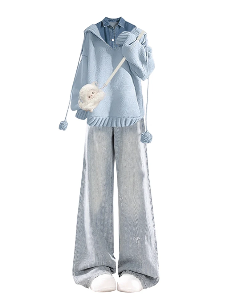 الشتاء كلية Sle محبوك قبعة مجموعة مع الدنيم irt وسراويل واسعة الساق ضئيلة المحملة قطعة مجموعة المرأة Faion الزي غير الرسمي