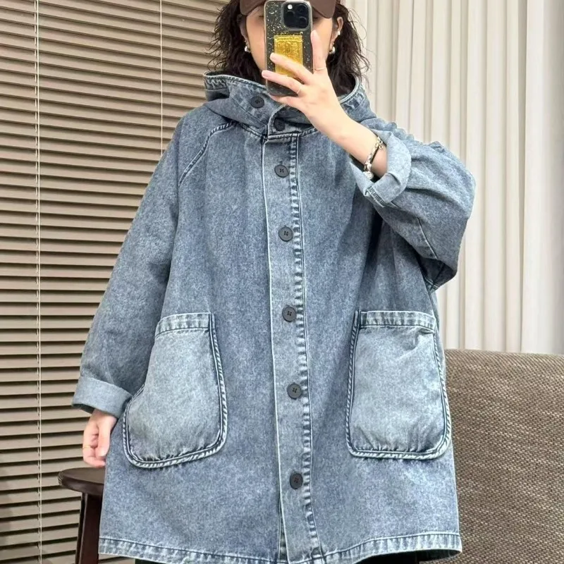 

Tops Jackets Women's Premium Denim Plus Size Relaxed Fit Retro Pockets Hooded New Comfortable Minimalist Casual Niche Versatile