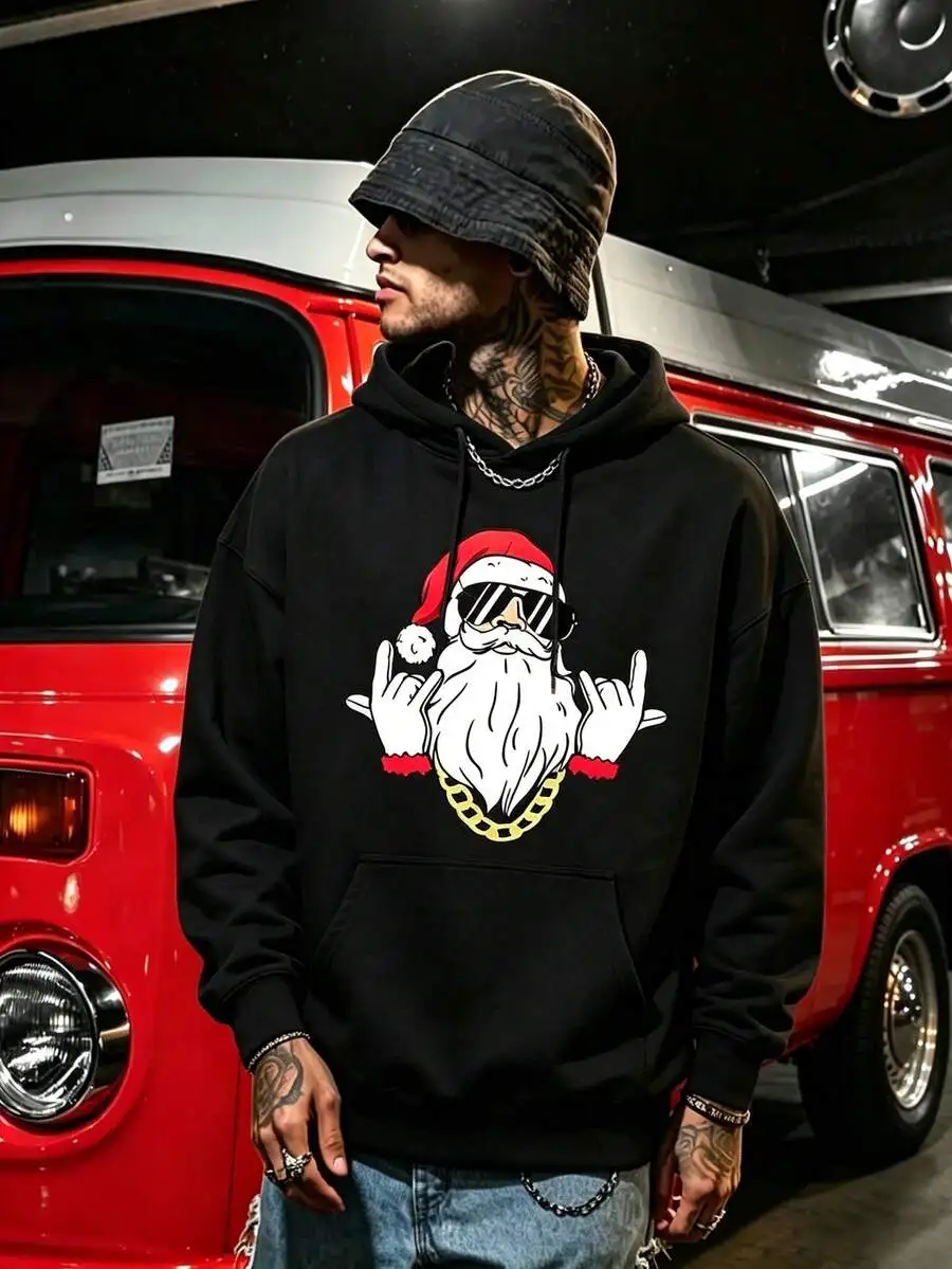 DOPE |   Christmas Edition Fashion Glasses Santa Claus Print Black Hoodie Sweatshirt For Men, Streetwear Style Holiday Hoodie Top