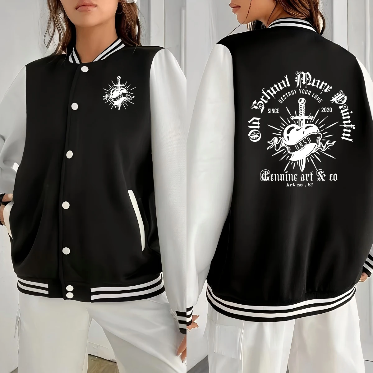 

Insert The Sword Into The Heart Pattern Couple Jackets Autumn Fleece Streetwear Button Baseball Jersey Casual Women Clothing