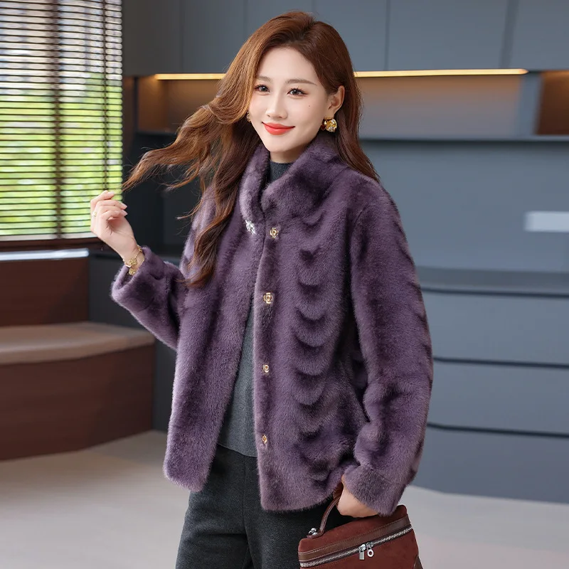 여성 모조 밍크 벨벳 재킷 가을 겨울 짧은 코트 패션 스탠드 칼라 여성 모조 모피 패션 탑스 아우터웨어