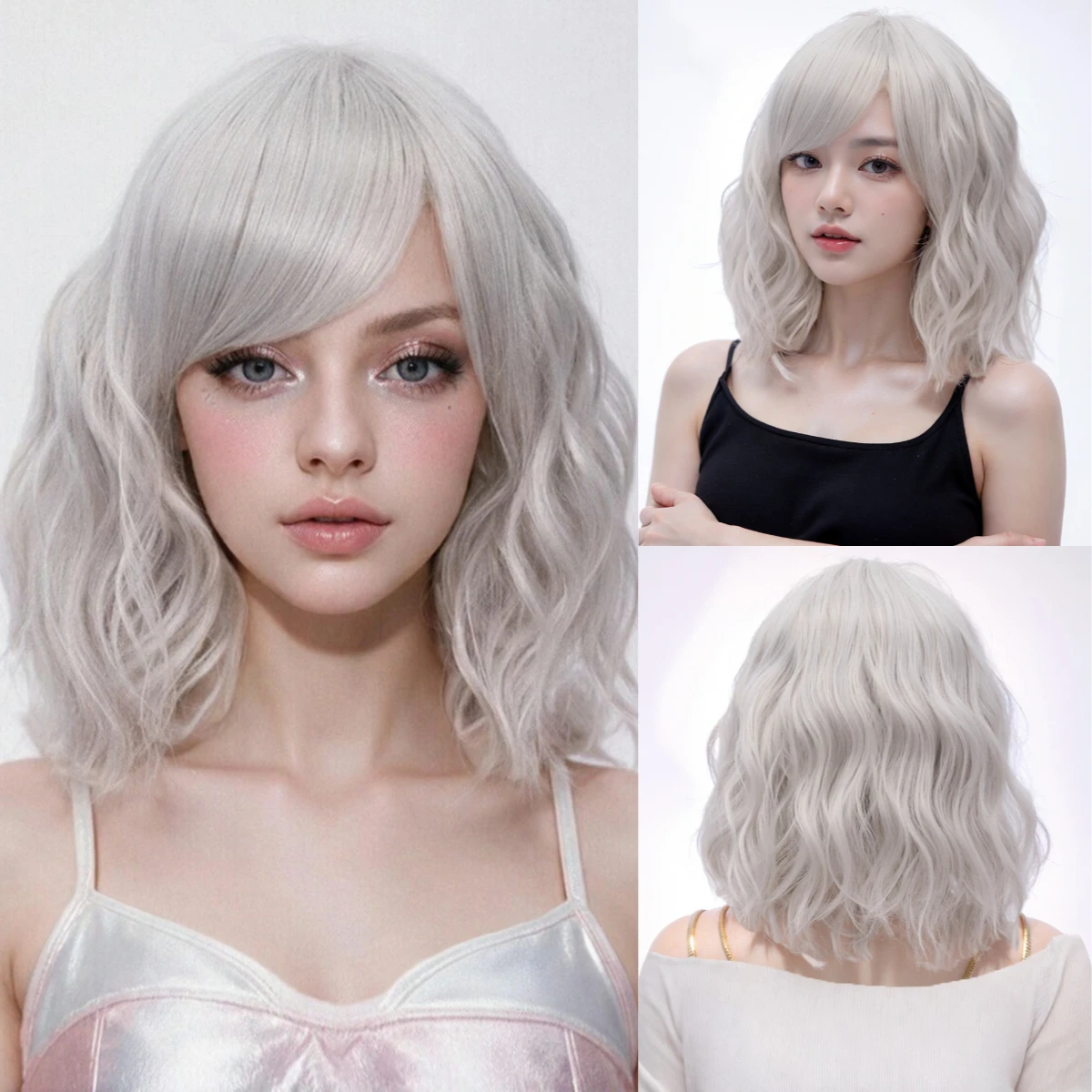 Synthetic Short Silvery Gray Curly Wave Bob Wig with Bangs For Women Costumes & Themed Parties Wear Fake Hair Heat Resistant