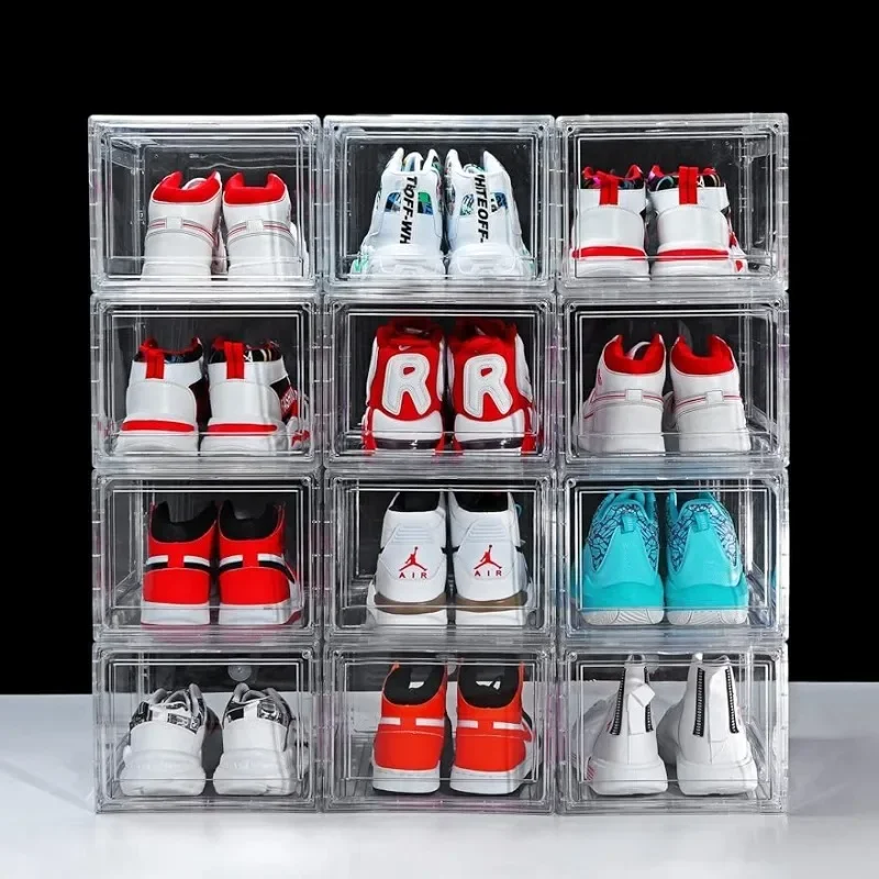 

Clear Acrylic Plastic Shoe Boxes Stackable, Space-Saving Foldable Drop Front Shoe Storage Boxes Container