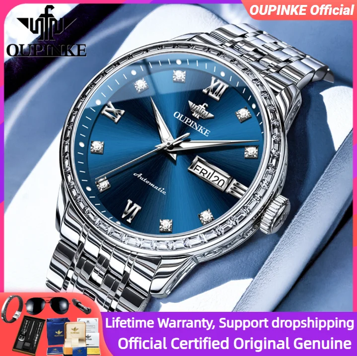 

OUPINKE 3258 Men's Watch Diamond Bezel Sapphire Mirror Stainless Steel Strap Automatic Mechanical Men Watch