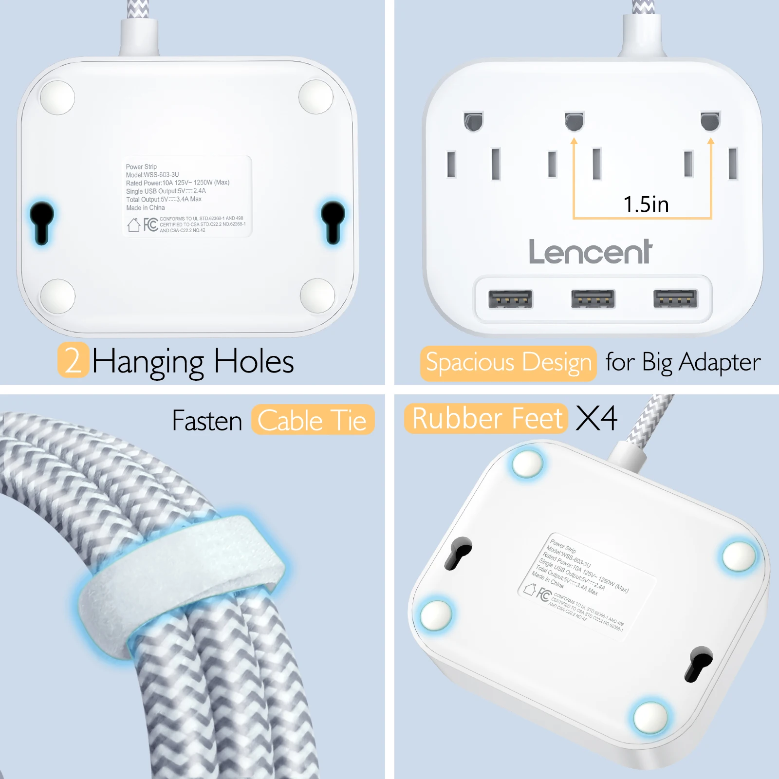 LENCENT Power Strip with 3 AC Outlets 3 USB 3 Prong to 2 Prong Outlet Adapter 6.6ft Braided Extension Cord with Polarized Plug