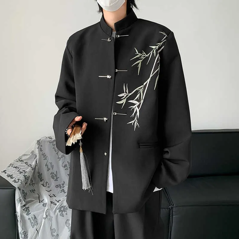 

New Chinese Sle Embroidered Jaet Men's Faion oulder Pad Aircrt Bule Zhongan Suit Spring Autumn Tang Suit Stand ...