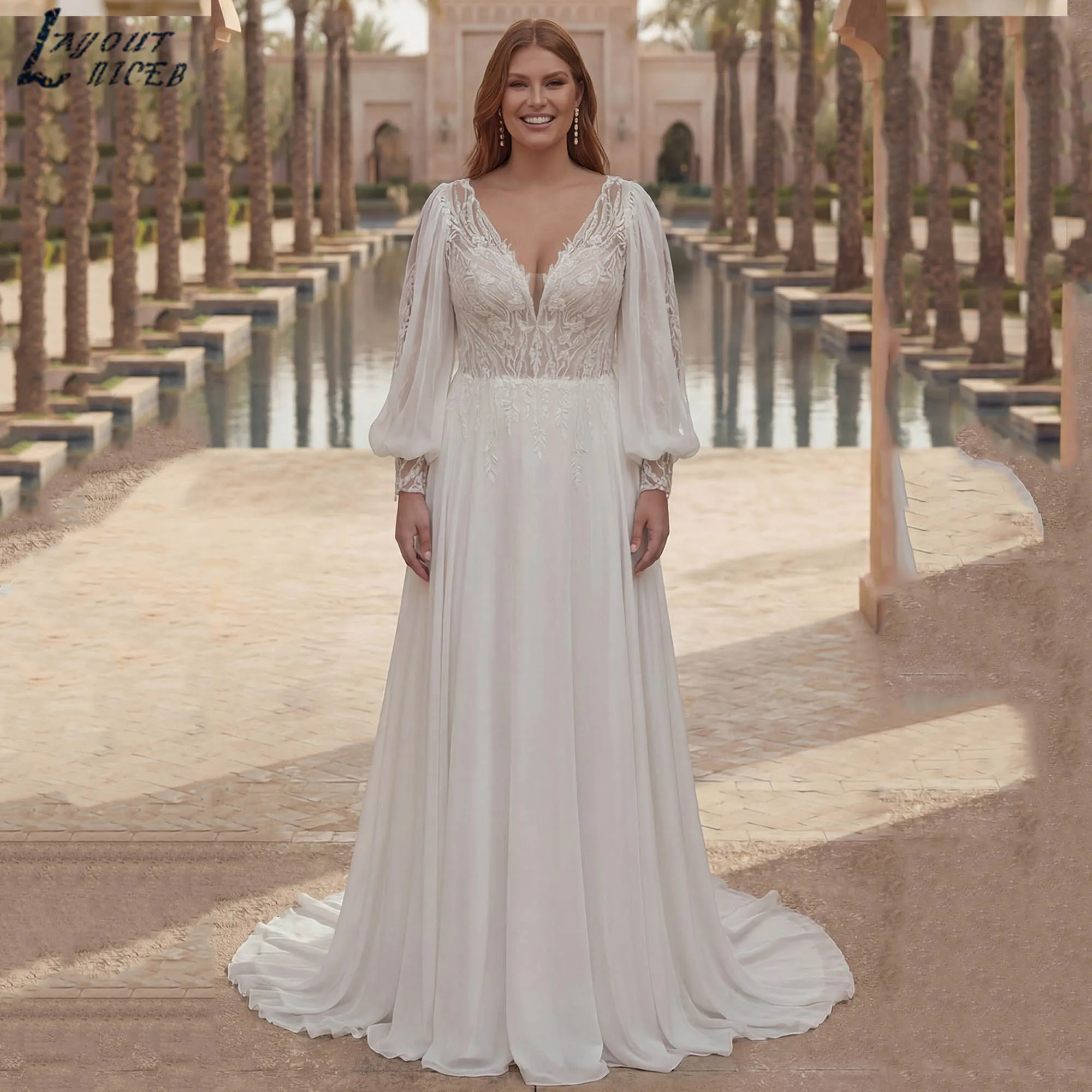 Boho Elegant Appliques Wedding Dress Chiffon Puff Sleeves A-line Bridal Gowns Deep V-neck Plus Size vestido de novia Customized