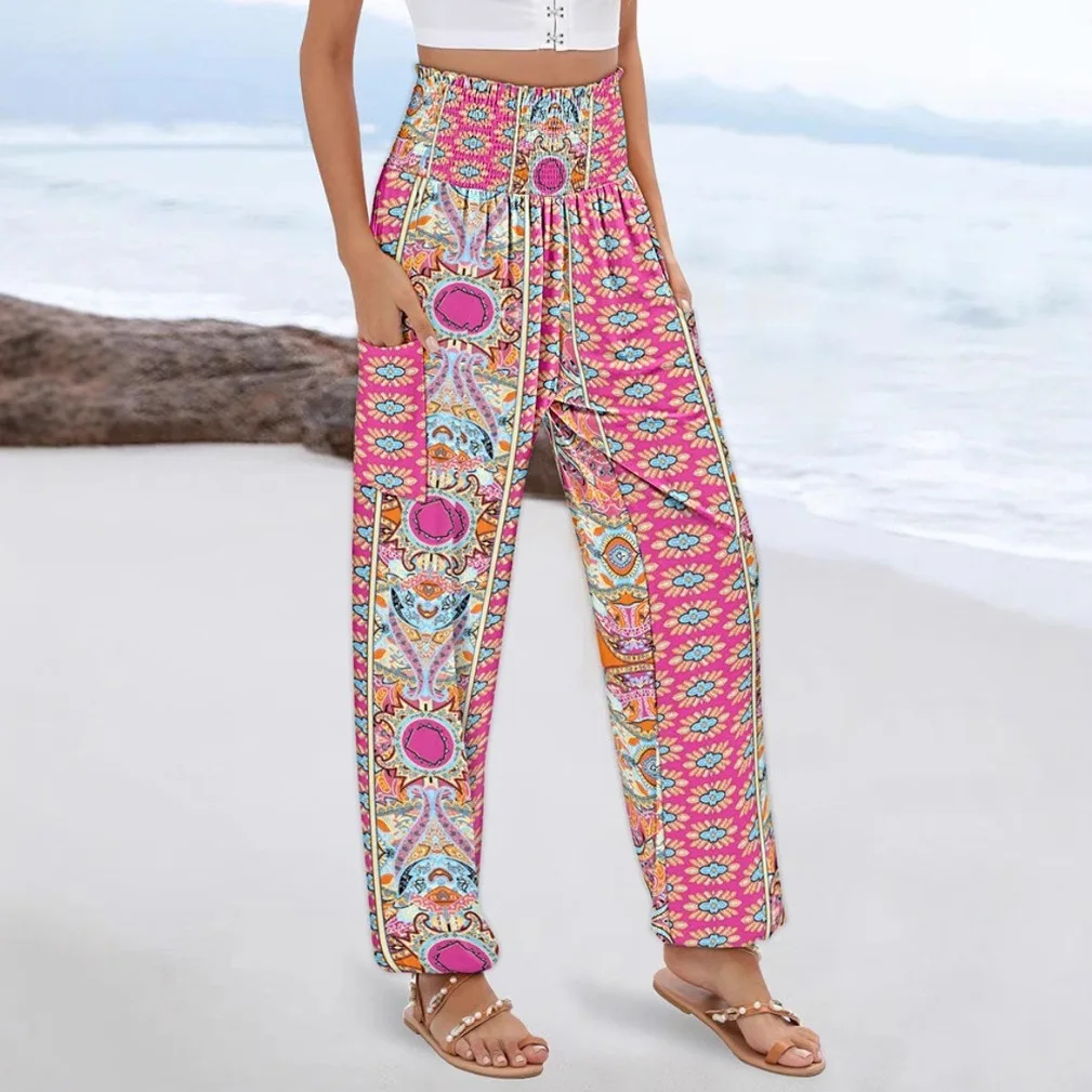 กางเกงขายาวทรงกว้างพิมพ์ลายโบฮีเมียนแฟชั่นลำลองสำหรับผู้หญิงใหม่ประจำฤดูร้อนและฤดูใบไม้ร่วงปี 2025 สไตล์วันหยุดพักผ่อนชายหาดอเนกประสงค์