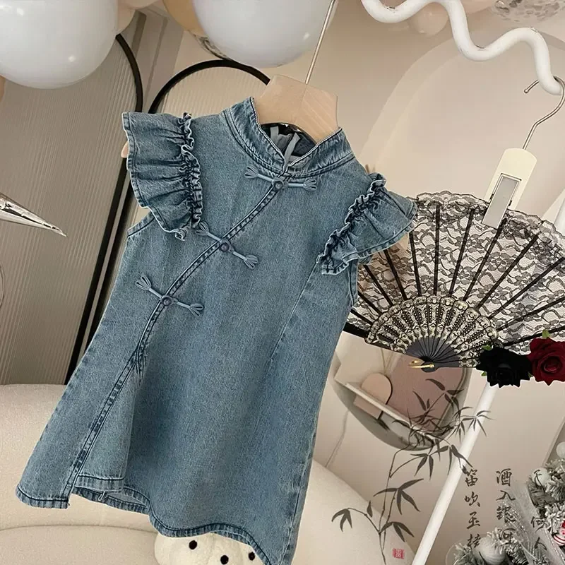 

Girl Sweet Dress New Summer Sleeveless Wood Ear Edge Solid Color Denim Kids Baby Dress 2-7 Years Toddler Girl Clothes