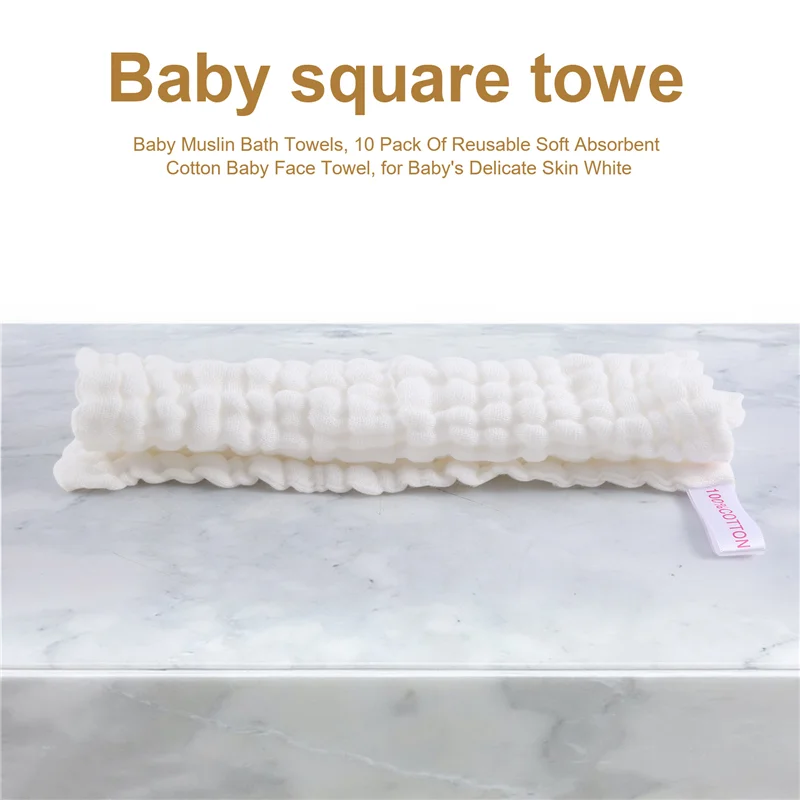 

Baby Muslin Bath Towels, 10 Pack Of Reusable Soft Absorbent Cotton Baby Face Towel, For Baby's Delicate Skin White-Y44A