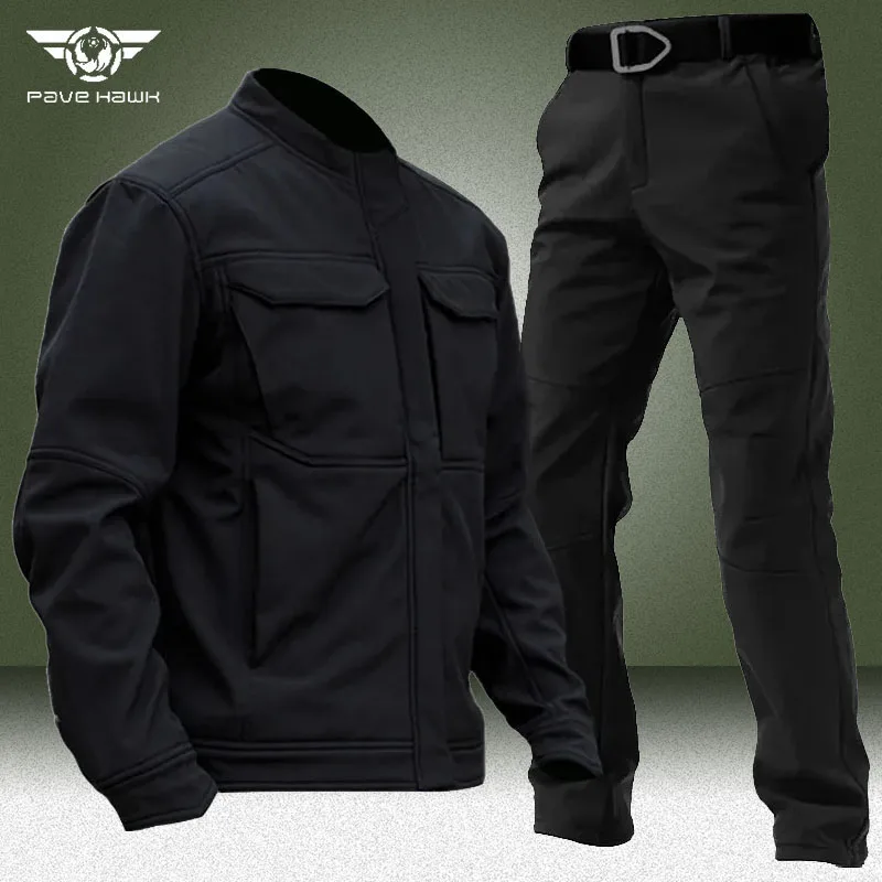 Winter Fleece Warm Sets Men Military Soft Shell Bomber Jackets+Army Multi-pocket Cargo Pants 2 Pcs Suits Waterproof Tactical Set