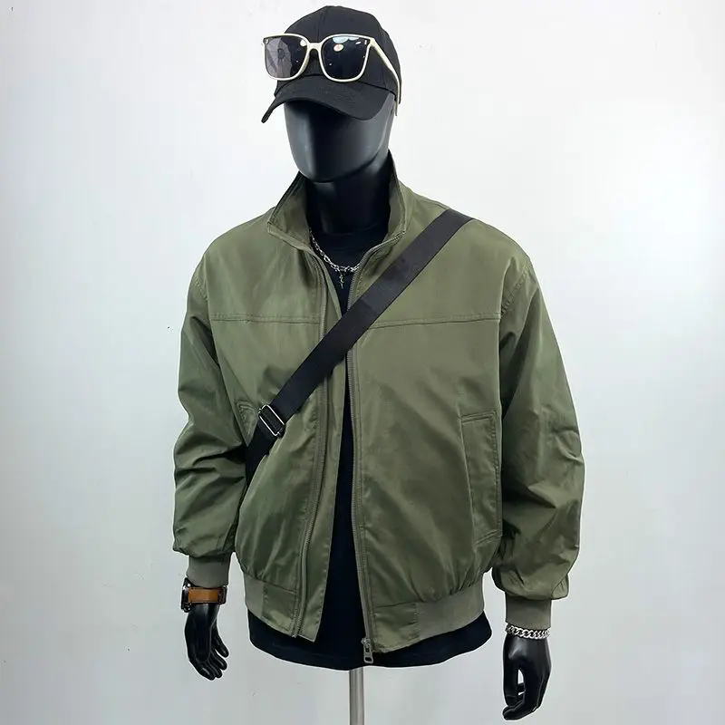 

Retro American Workwear Stand Collar Thin Cleanfit Flight Jaet Men's Spring Autumn Baseball orm Outerwear Polyester Fiber