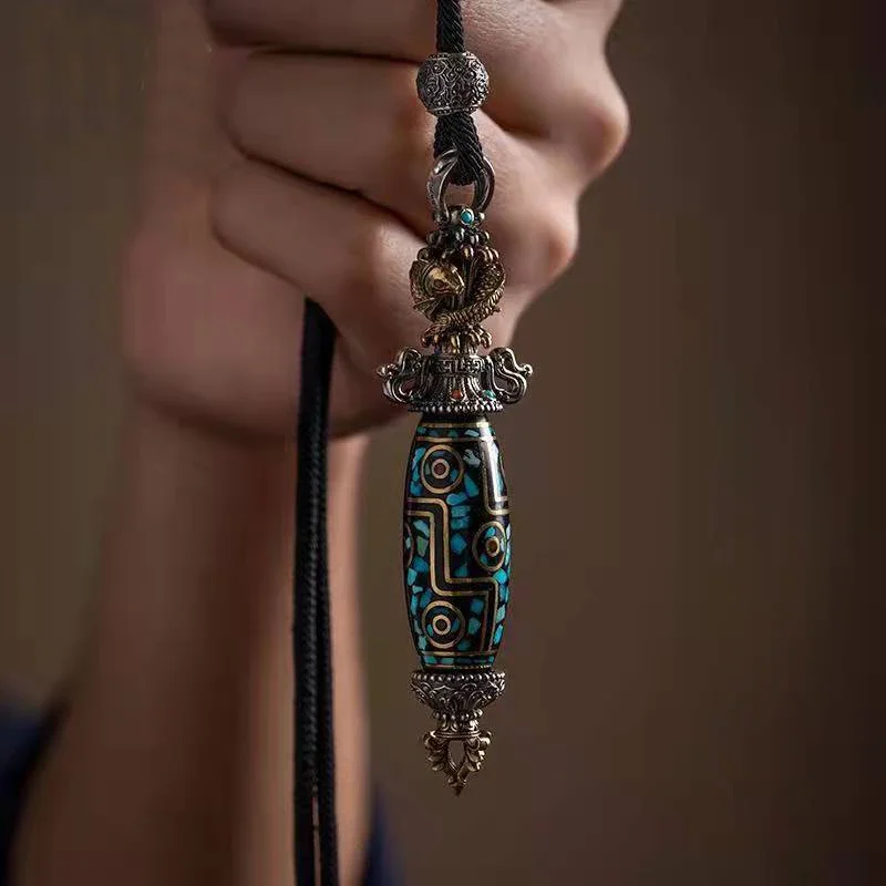 

QN Silver Color National Tide Retro Buddhist Vajra Dzi Pendant Men's Necklace Personality Trendy Gift Fashion Jewelry
