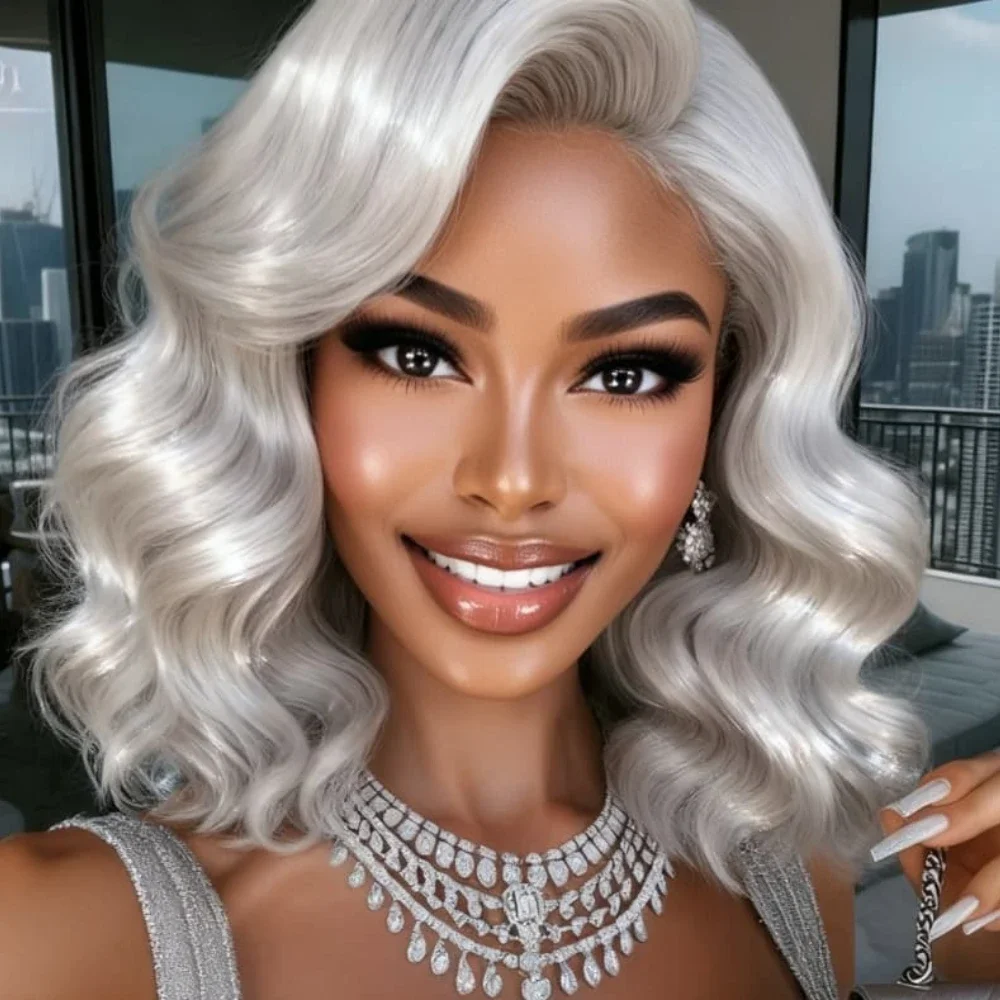 

Серебристо-серые парики, короткий фасон боб, с эффектом волн, парики из натуральных волос с кружевной передней частью 13x4, HD кружевные парики, без клея, предварительно выщипанные, плотность 180%