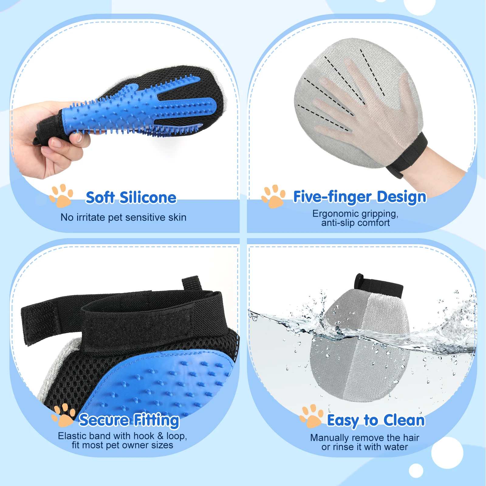 Pawaboo Pet Hair Removal Glove for Dogs Cats Dual-Side Electrostatic Hair Removal Silicone Fur Brush Reusable Pet Grooming Glove view 5