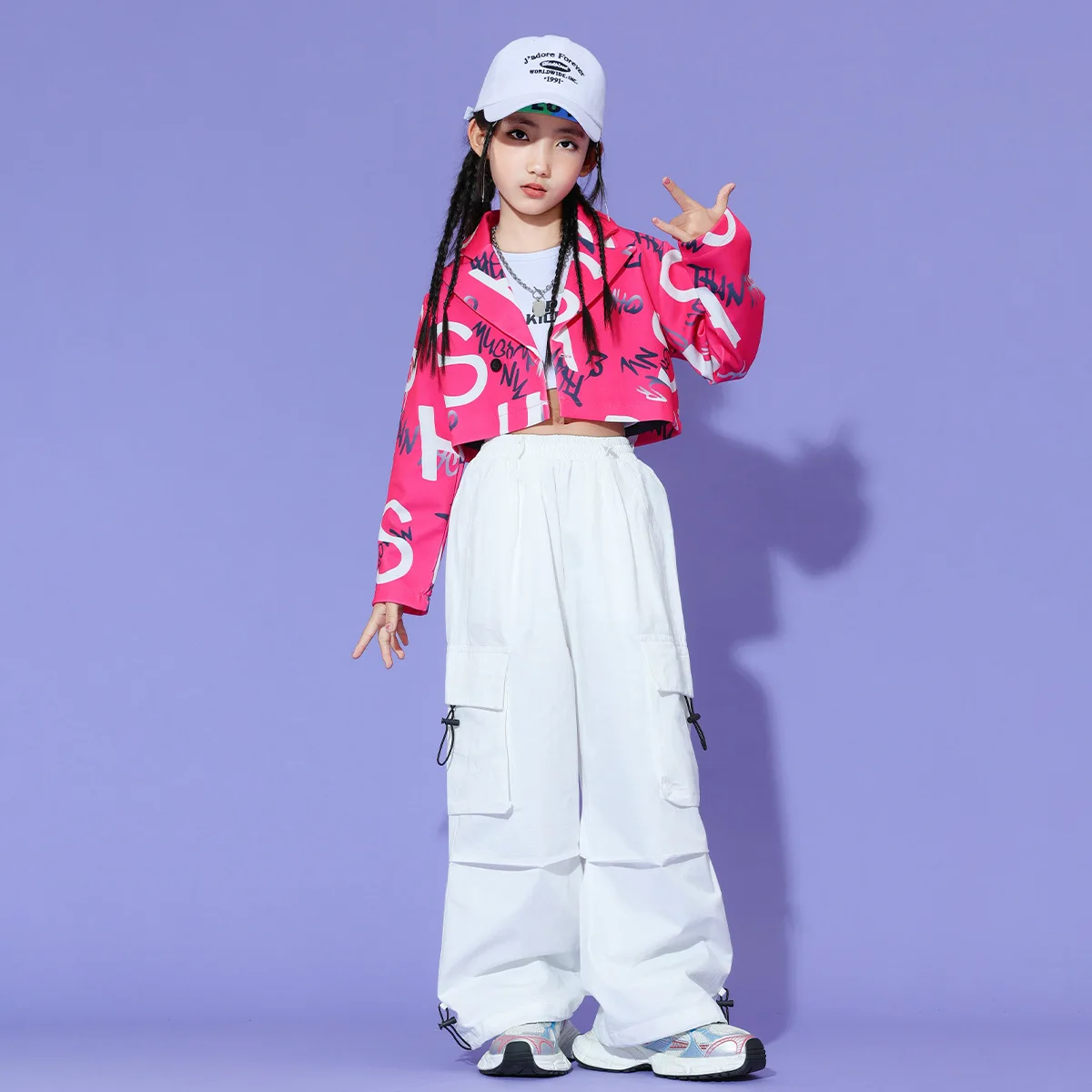 Kid Kpop Hip Hop Clothing Pink Letters Crop Jacket Top White Street Parachute Cargo Pants for Girl Jazz Dance Costumes Clothes
