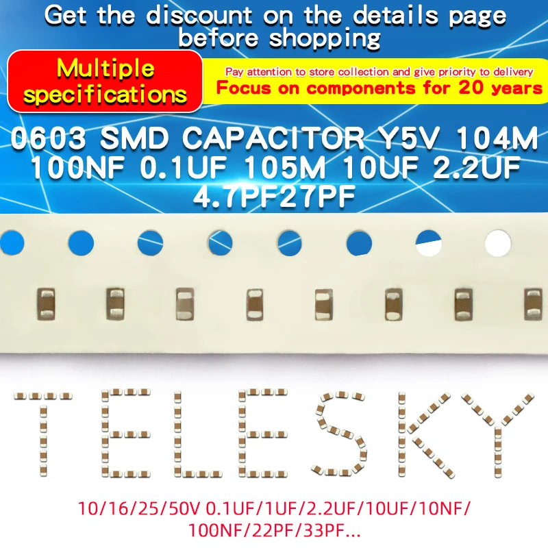 100szt 0603 SMD Kondensator chipowy 6.3V 10V 16V 50V 10pF 20pF 22pF 47pF 100pF 1nF 10nF 15nF 100nF 0.1uF 1uF 2.2uF 4.7uF 10uF