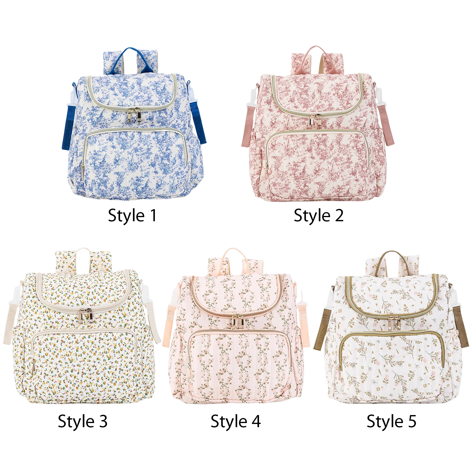 Floral Pattern Backpack Large-Capacity Polyester Padded Nursing Bags Portable Bottle & Diaper Storage Backpack for Women