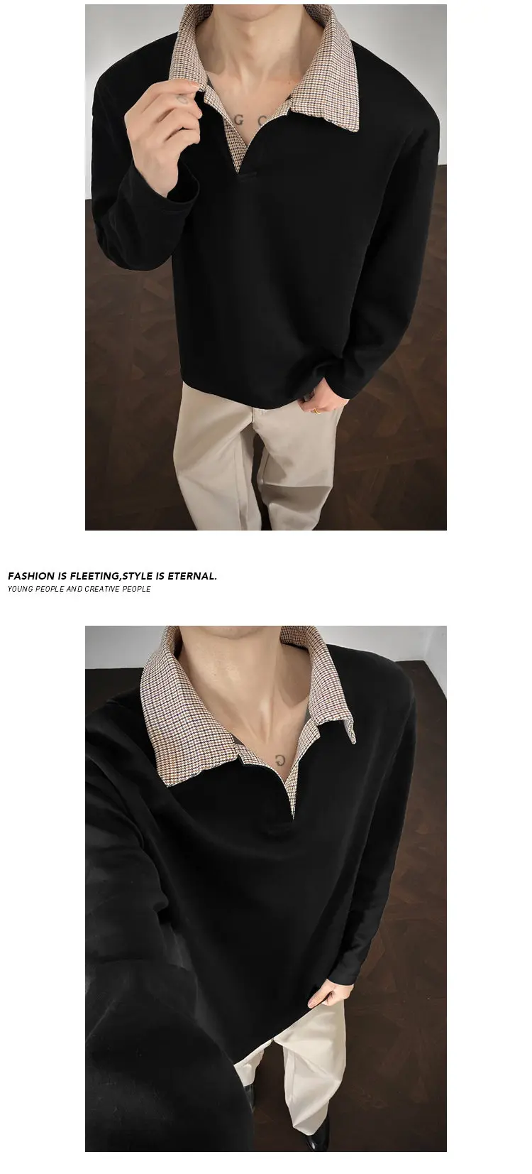 Herren-Poloshirt für den Herbst mit gespleißtem Karokragen, langen Ärmeln, aus weichem Strickstoff, entspannter Silhouette für Outdoor-Reisen. – Detail 12