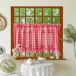 Classic Red Plaid Ruffle Short Curtain Sheer For Kitchen Retro Soft Tulle Curtains For Bedroom Small Window Coffee Half-curtain