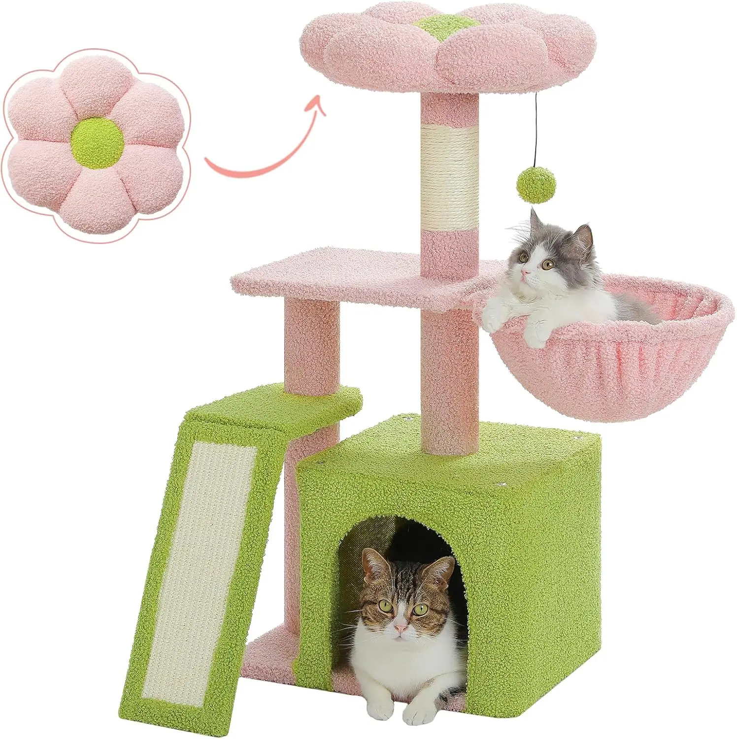 

32'' Pink Cat Tree with Sisal Ramp, Cozy Hammock & Removable Flower Bed Perch for Indoor Kittens