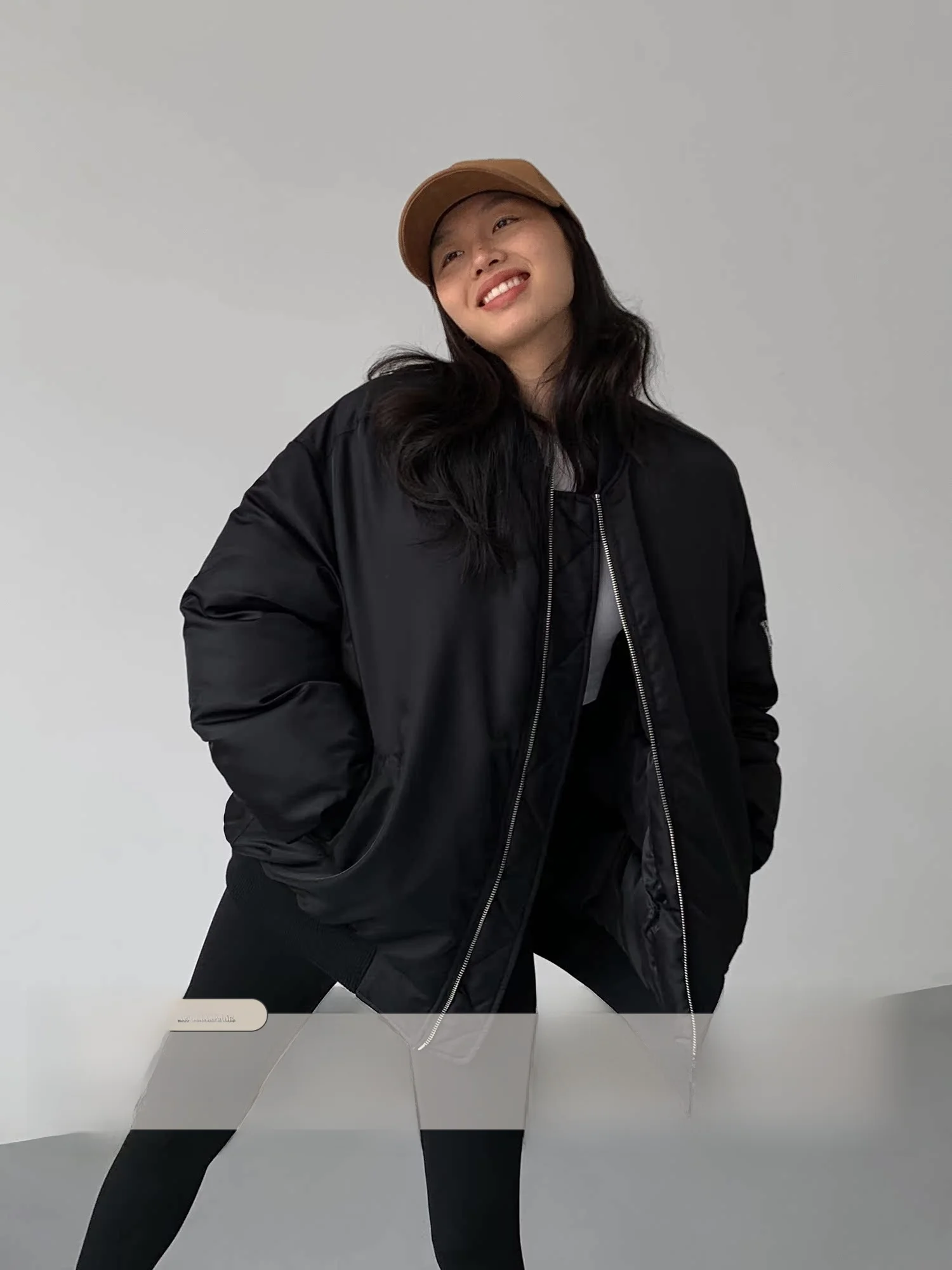 

NEVA HU Women's Bla Cotton Baseball Jaet Loose Casual Pilot Coat 2024 Autumn Winter New Sle Long Sve Zipper Closure