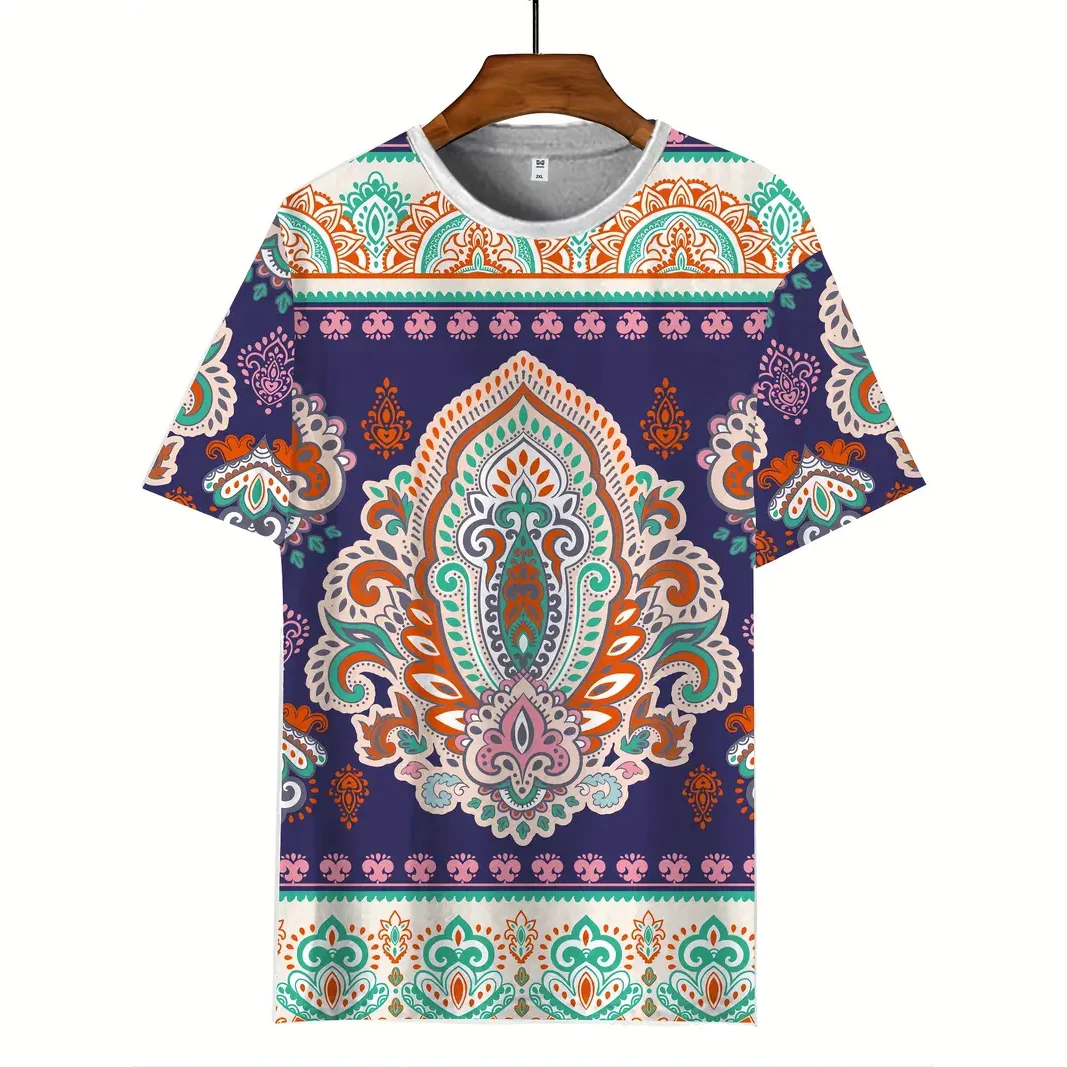 Vintage Men's T Shirt National Pattern Print Summer Short Sleeve Pullover Street Casual O-Neck Clothing Oversized T-Shirts