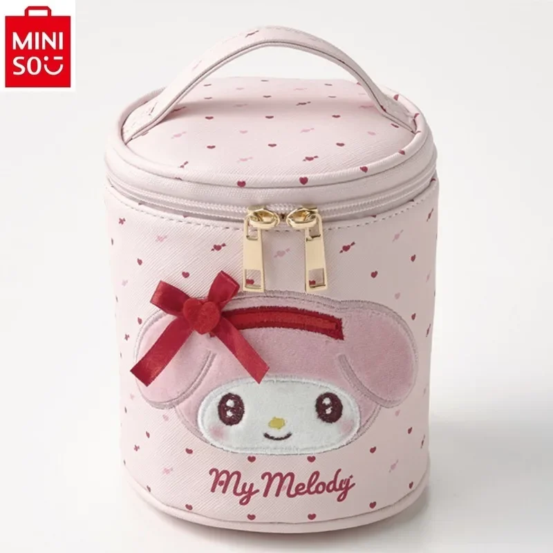 MINISO 2025 New High Quality Embroidered Kuromi Cylinder Makeup Bag for Women, High Quality Large Capacity Storage Handbag