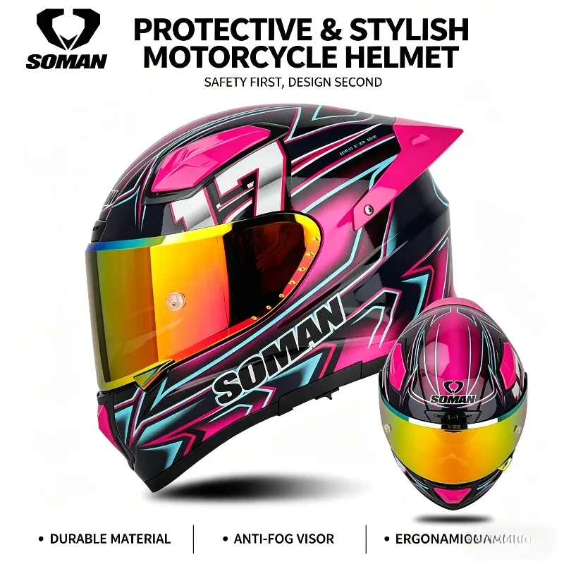 SOMAN Motorcycle Racing Fiberglass Helmet Lightweight Motobike Racing Fiberglas Casque Low Wind Noise Capacete  MotoFull Helmet
