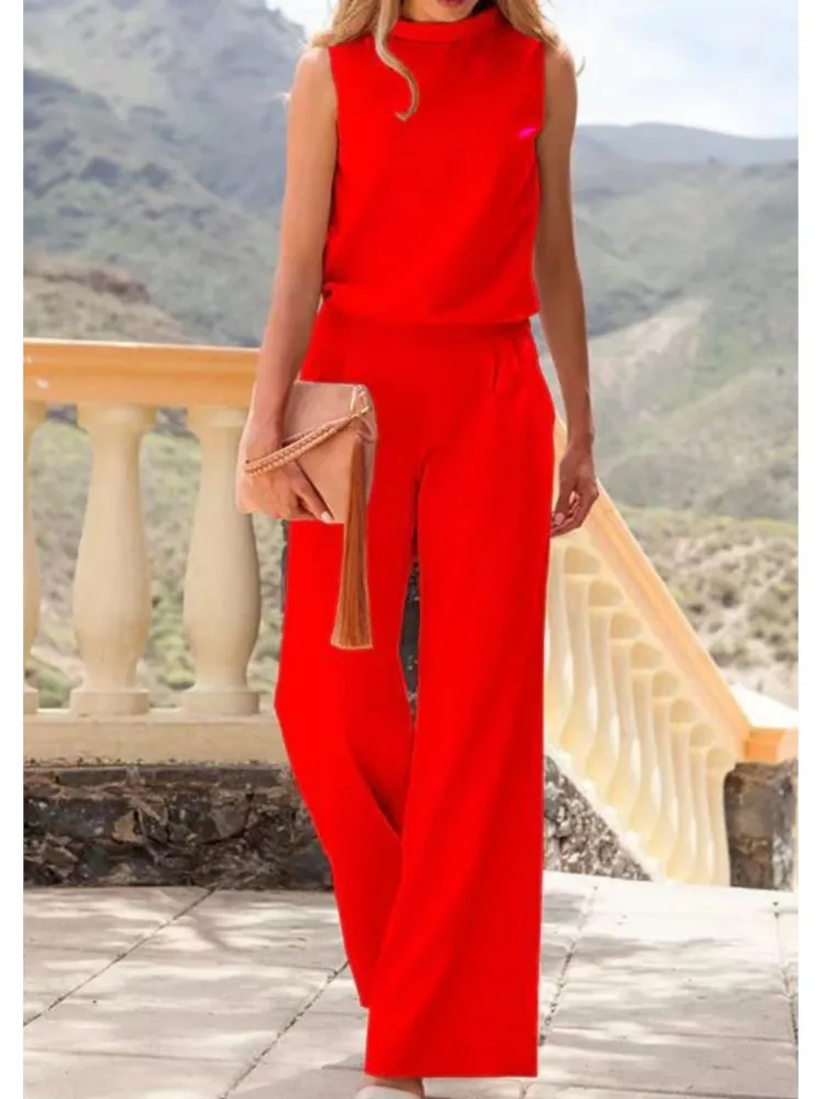 New Summer Women's Jumpsuit Sleeveless O-neck Solid Color Fashionable British Style Loose Trousers Jumpsuit For Women