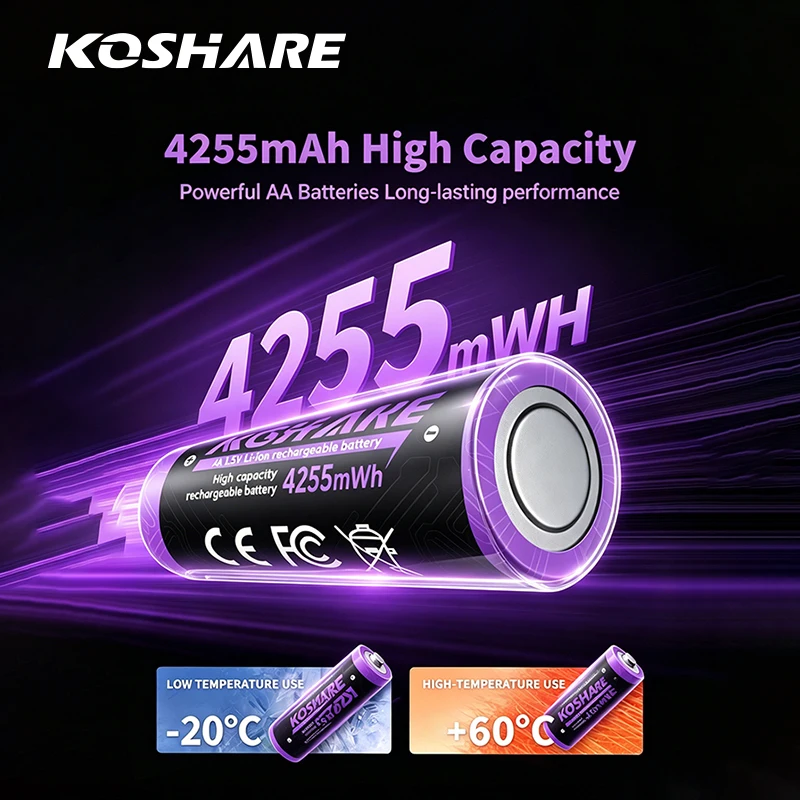 

KOSHARE AA & AAA Rechargeable Li-ion Batteries 1.5V 4255mWh 1100mWh Low Self-discharge For Electric Toys Medical Devices Cameras