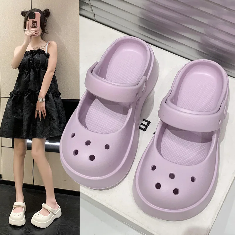 Chinelos Baotou de sola macia para mulheres, fundo grosso, sandálias antiderrapantes, sapatos de jardim, interior, exterior, verão, 2023