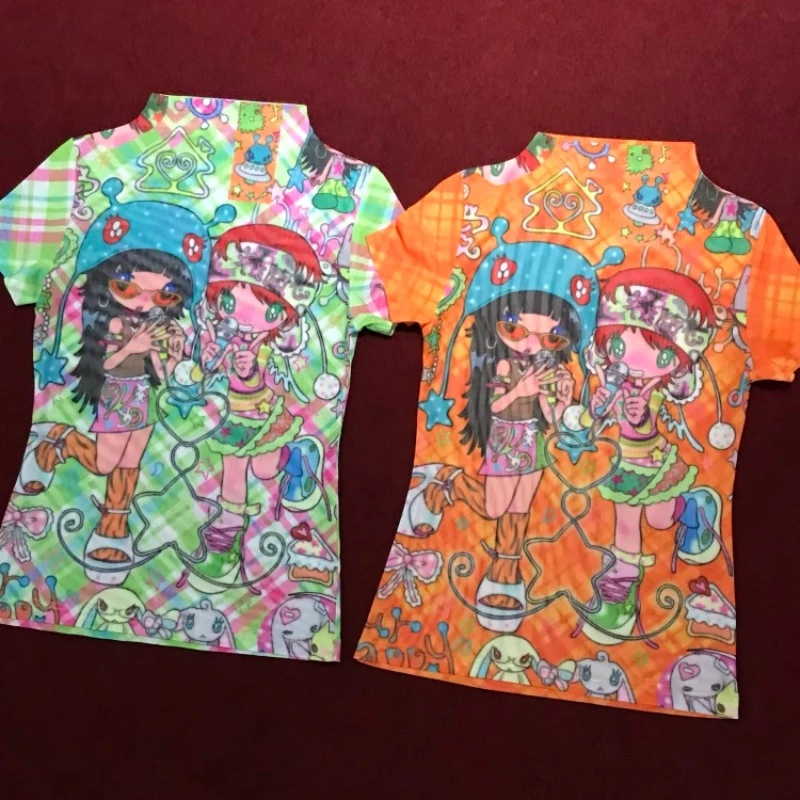 Japanese Original Women's Clothing Summer New Cartoon Animation Printing Tees Candy Two-color Mesh Short-sleeved T-shirt Ladies