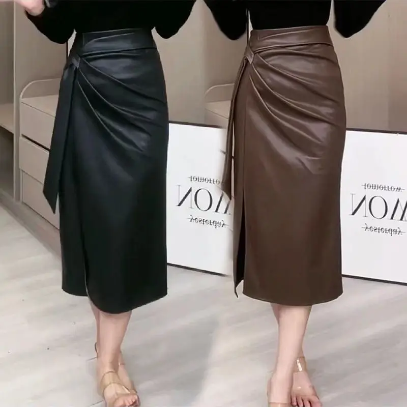 Korean Fashion Autumn Winter Women Solid Zipper Pleated Simplicity Office LadyChic High Waist Midi Slim A-line PU Leather Skirt